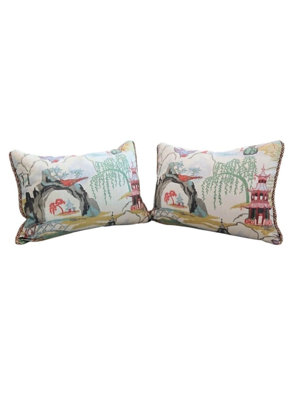 Robert Allen Neo Toile Coral Chinoiserie Pillow Pair Cotton Down 18x13